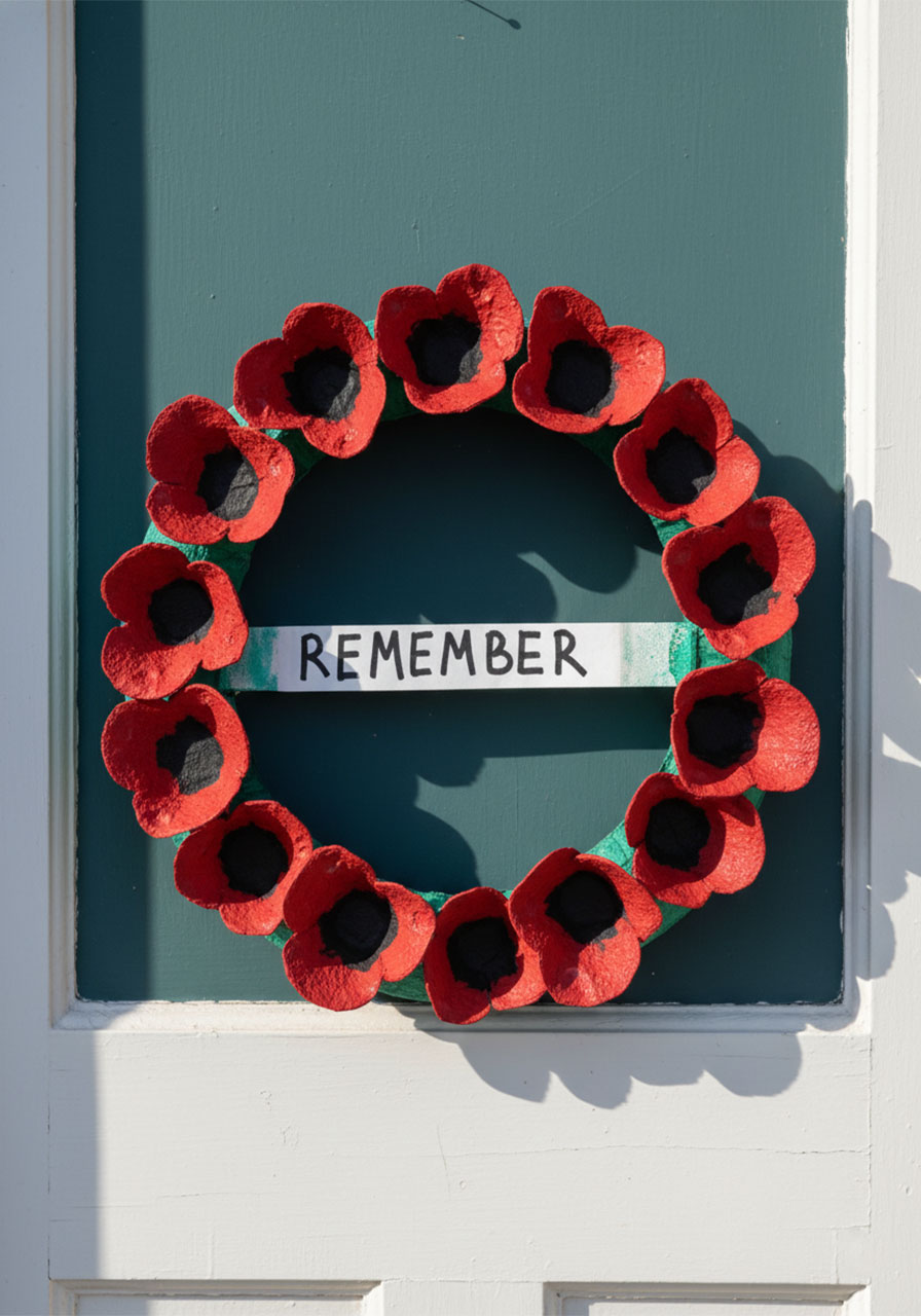Completed egg carton Memorial Day poppy wreath with red flowers and REMEMBER banner hanging on white door
