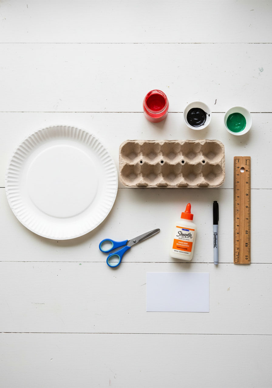 All materials needed for egg carton Memorial Day wreath craft including egg carton, paint, paper plate, scissors, and glue