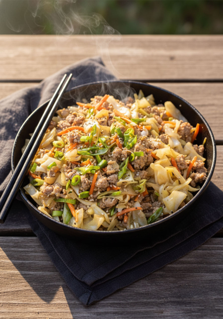 Egg roll in a bowl with ground turkey, cabbage, carrots, and green onions in a black ceramic bowl