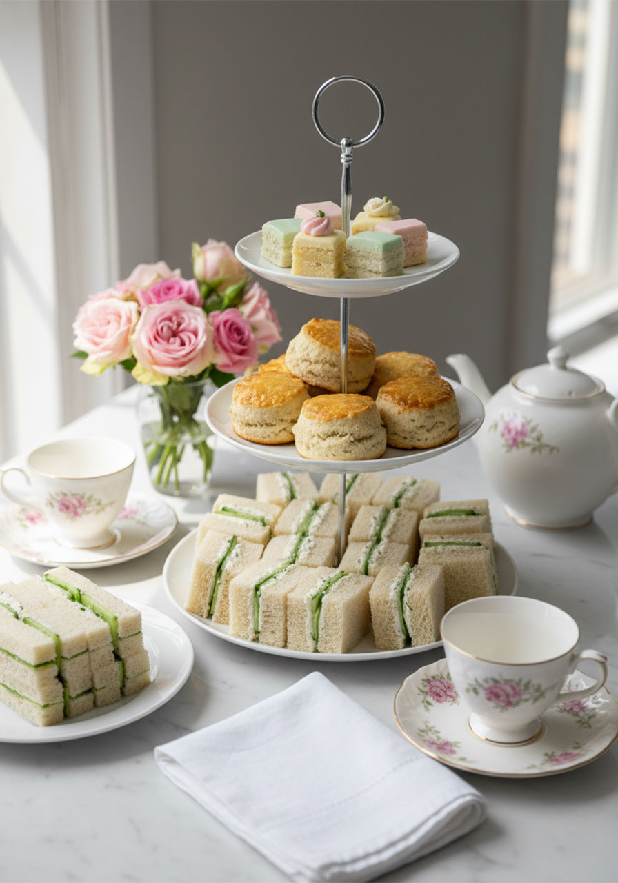 Elegant English high tea party table setting with cucumber tea sandwiches on a three-tier serving stand, china teacups, teapot, and pink roses for a bridal or baby shower