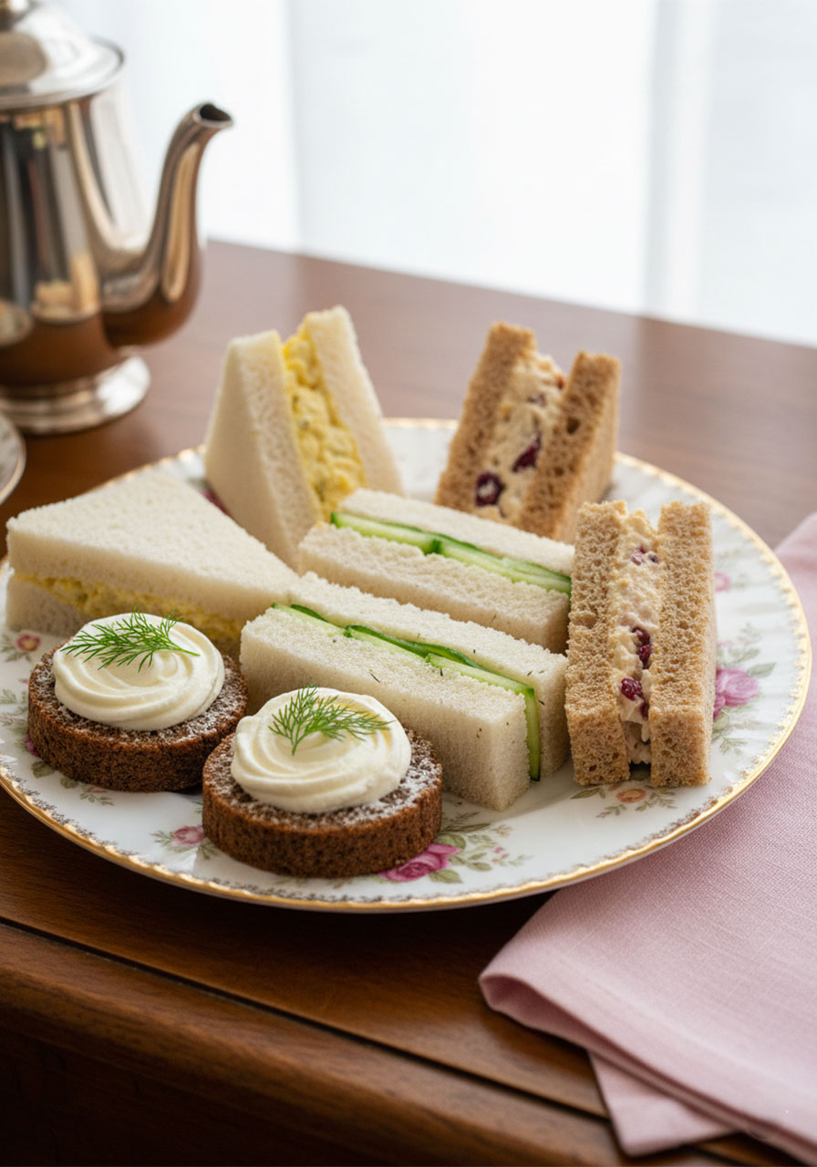 Classic English afternoon tea sandwich assortment including cucumber dill, smoked salmon, egg, and cranberry chicken finger sandwiches arranged on a floral gold-rimmed porcelain plate