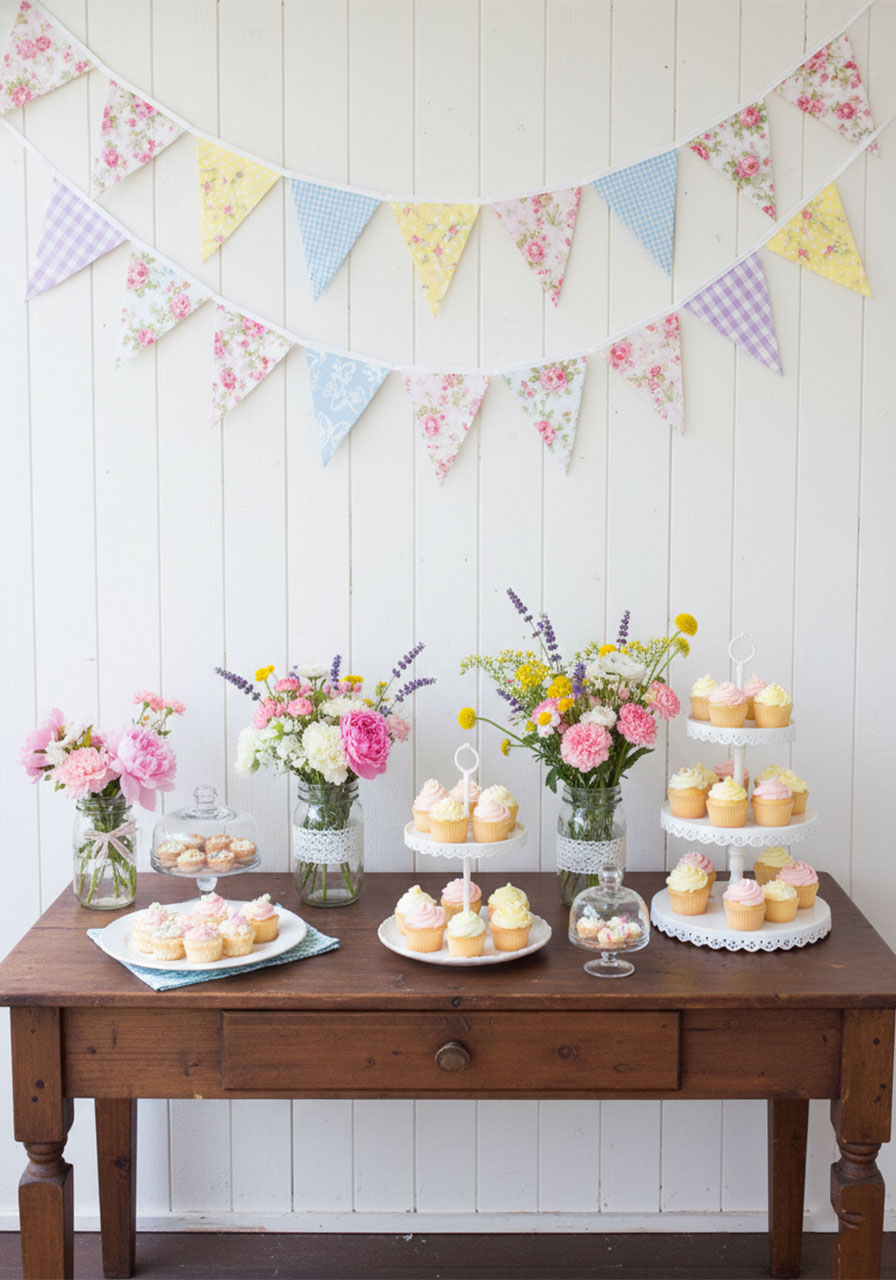 Colorful mixed print fabric bunting banner hanging above a whimsical tea party dessert table