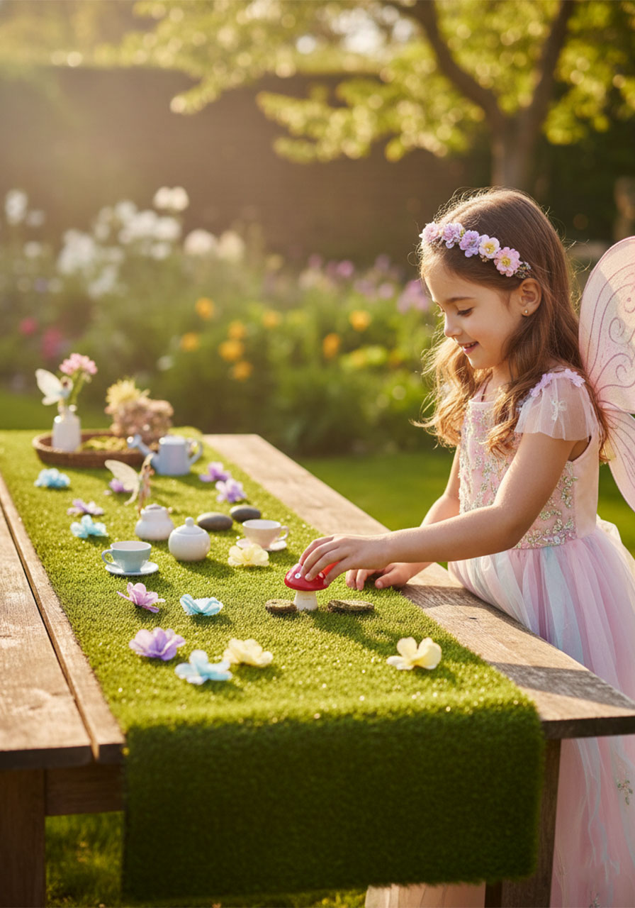 Enchanted fairy garden tea party setup featuring an artificial grass table runner and miniature figurines.