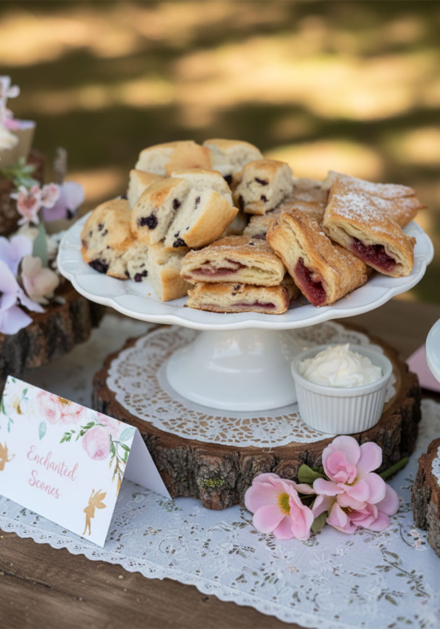 Blueberry scones and cherry strudel slices on a white pedestal cake stand decorated with flowers for a fairy tea party