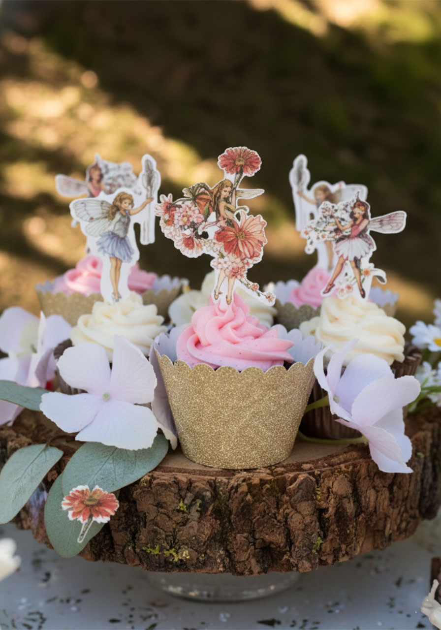 Close-up of fairy tea party cupcakes in gold glitter wrappers with pink and white buttercream and vintage flower fairy toppers