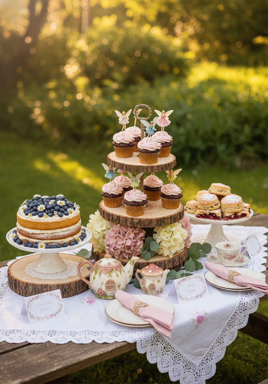 Complete fairy tea party food table with naked cake, fairy cupcakes, scones, and enchanted forest decorations outdoors