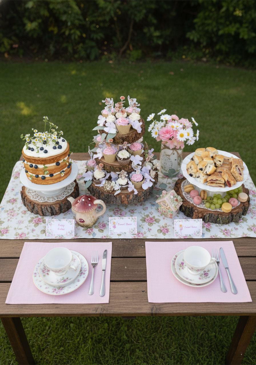 Overhead view of a complete fairy tea party food table setup with cake, cupcakes, scones, fruit, and enchanted decorations