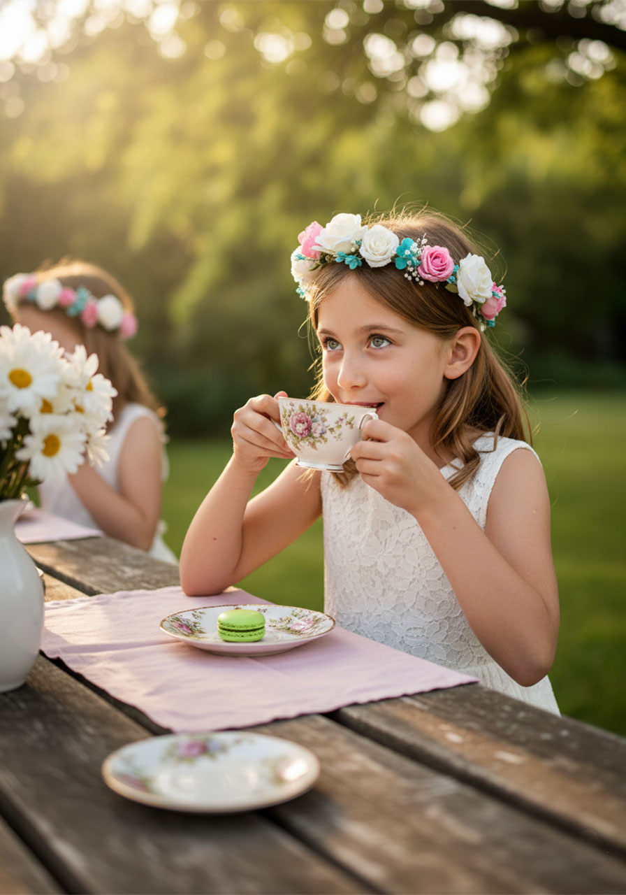 Young girl in flower crown sipping from a floral china teacup at an outdoor fairy tea party