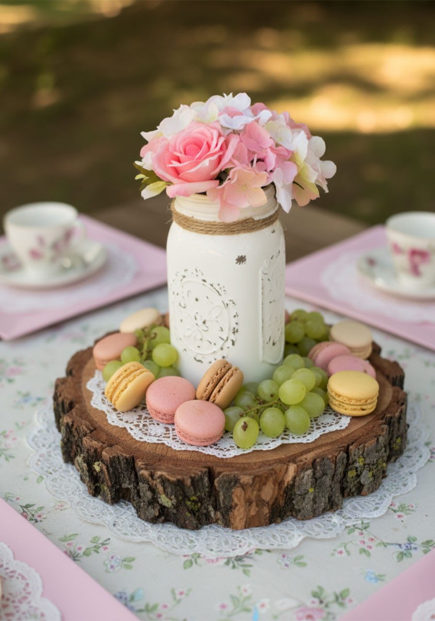 Pastel French macarons and green grapes arranged around a floral mason jar centerpiece on a wood slice for a fairy tea party
