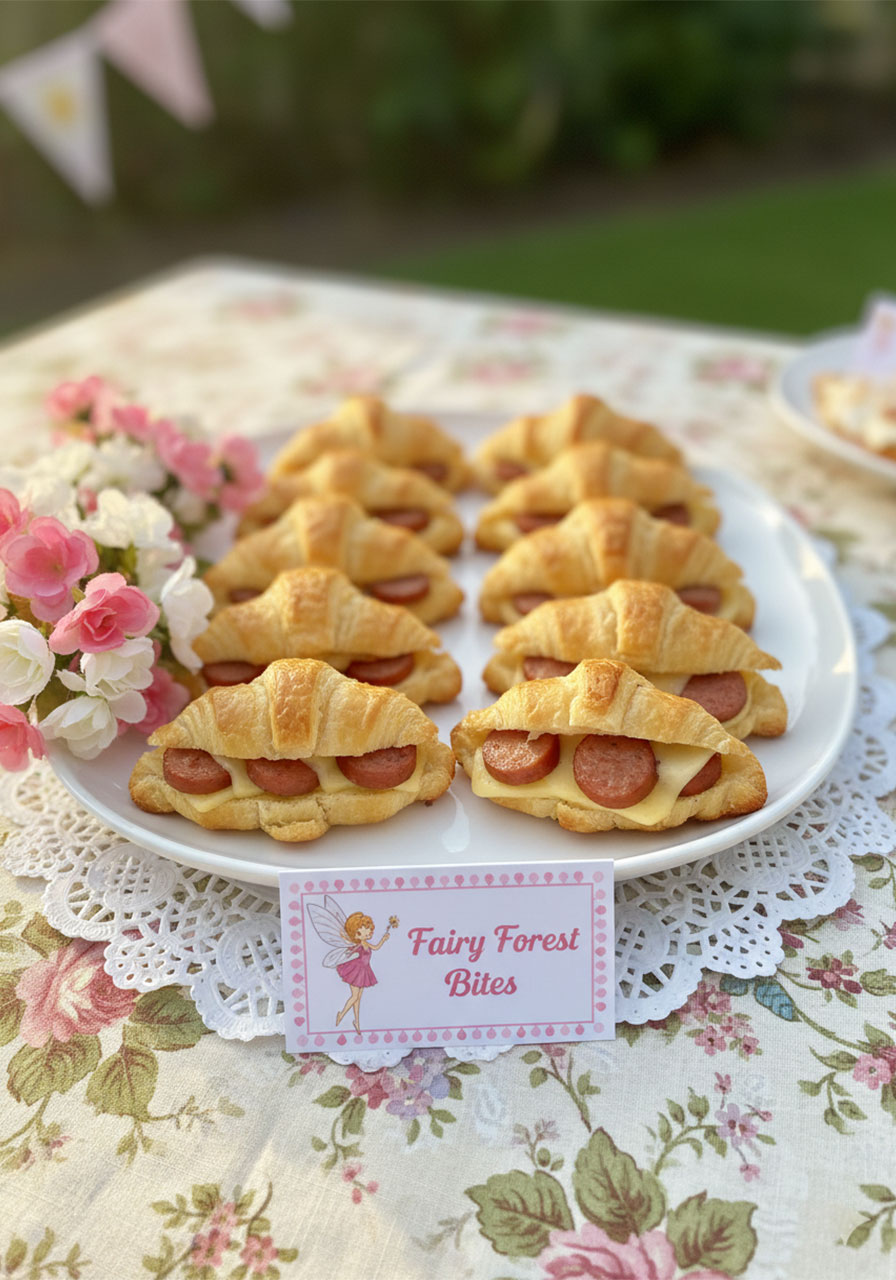Mini cheese and sausage croissant sandwiches on a white platter with fairy buffet label for a fairy tea party food table