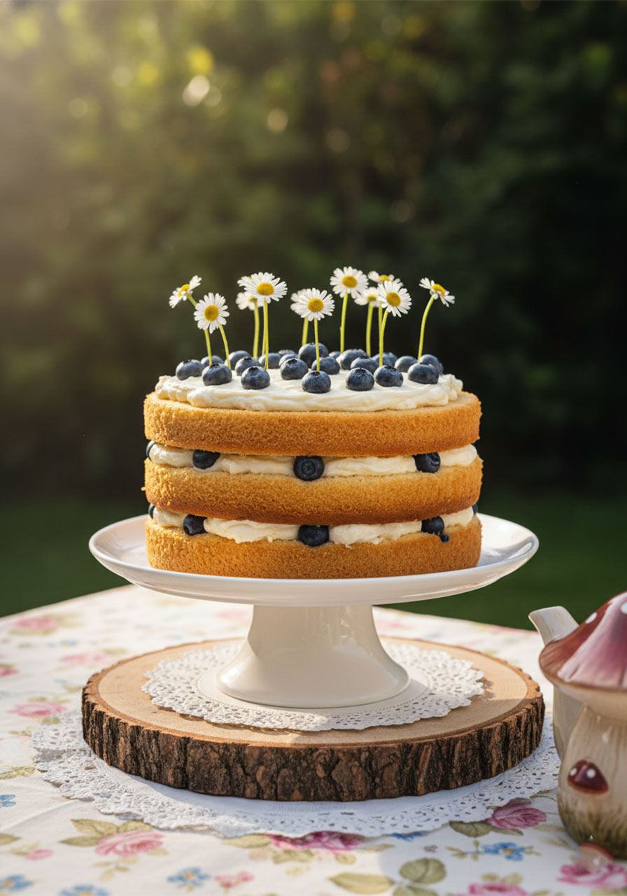 Three-layer naked vanilla birthday cake with blueberries and wildflower daisies on a wood slice riser for a fairy tea party