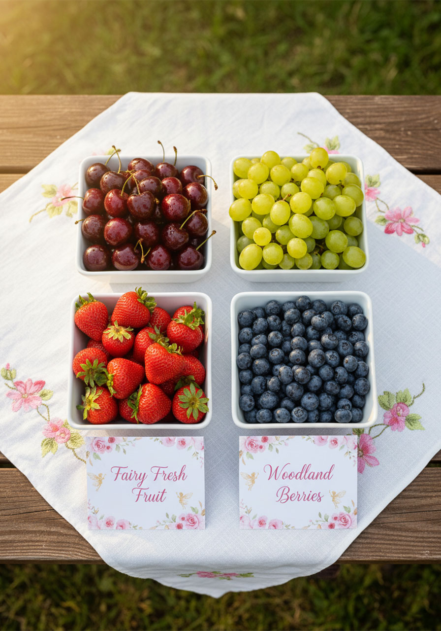Overhead view of fairy tea party fruit bowls with cherries, grapes, strawberries, and blueberries labeled with fairy buffet cards