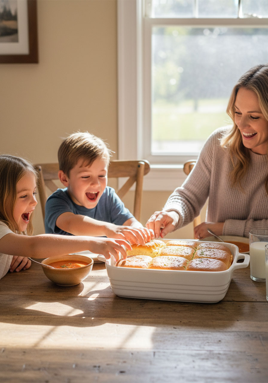 Family enjoying mini grilled cheese Hawaiian roll sliders at dinner table with kids reaching for sliders and tomato soup on the side