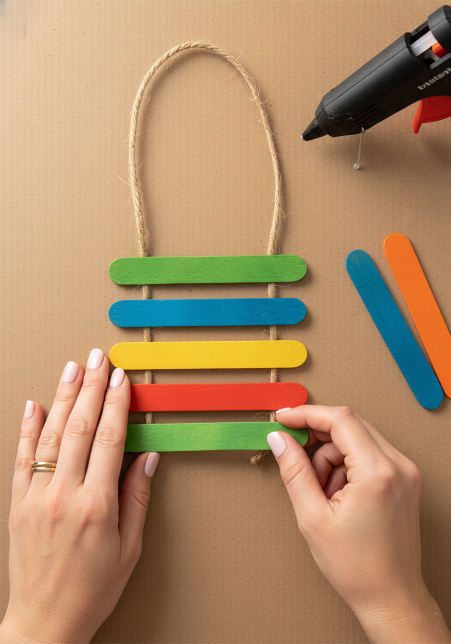 Building the colorful rainbow popsicle stick ladder for Father's Day wall hanging with five sticks glued and more being added