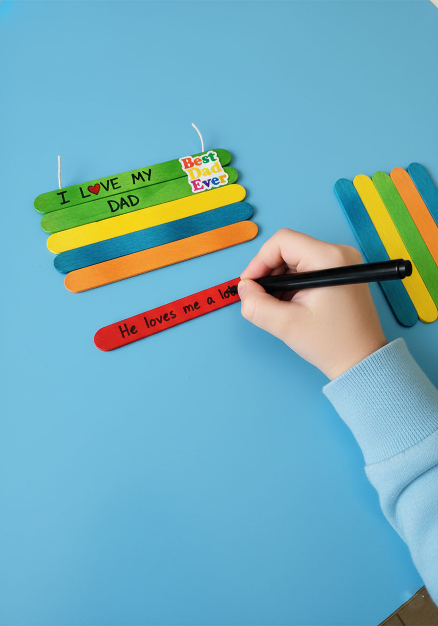 Young child writing heartfelt love messages with a marker on colorful popsicle sticks for a Father's Day wall hanging craft