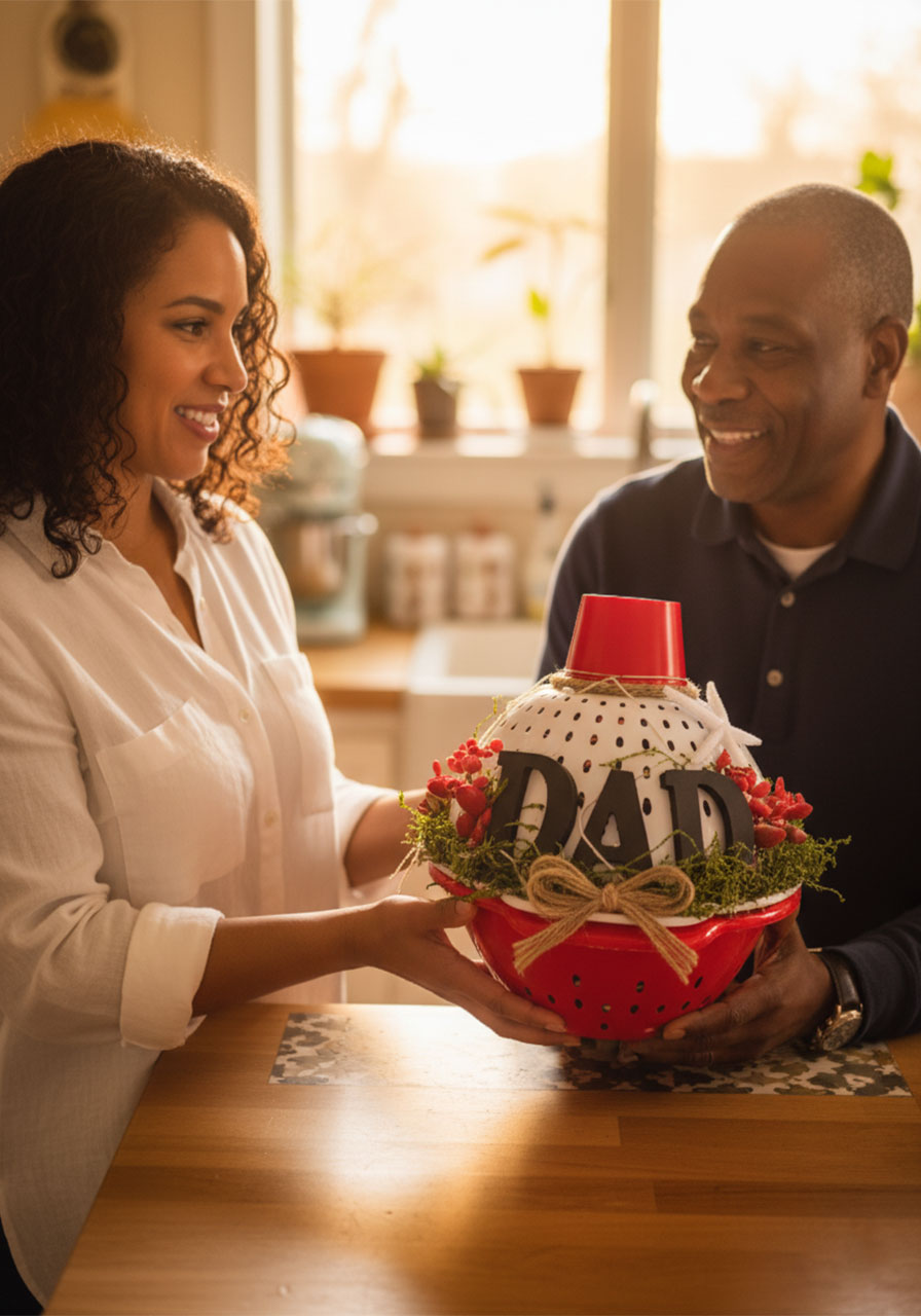 Adult daughter handing a completed DIY fishing bobber gift basket to her dad on Father's Day