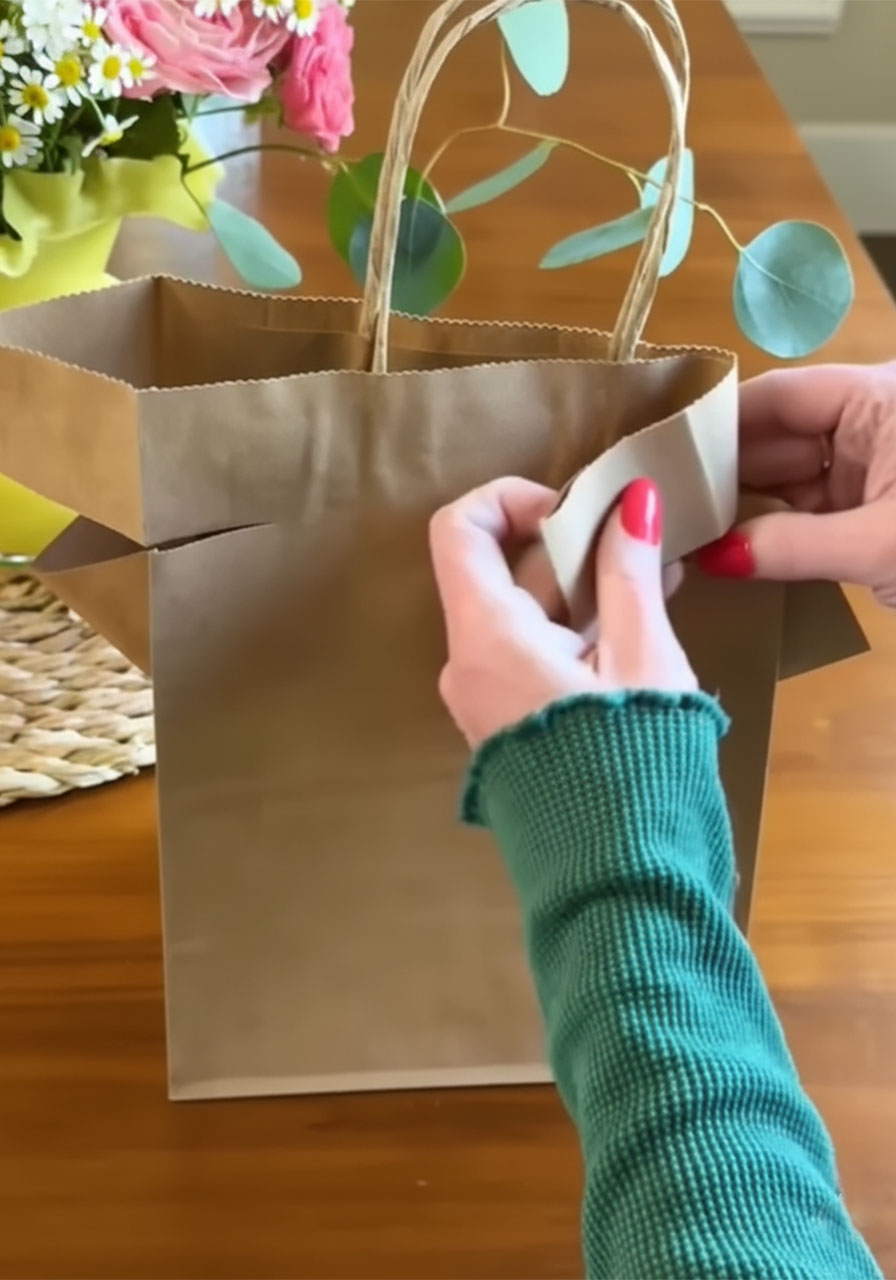 Using a tape runner to secure the paper collar flaps on a DIY shirt and tie Father's Day gift bag step5a