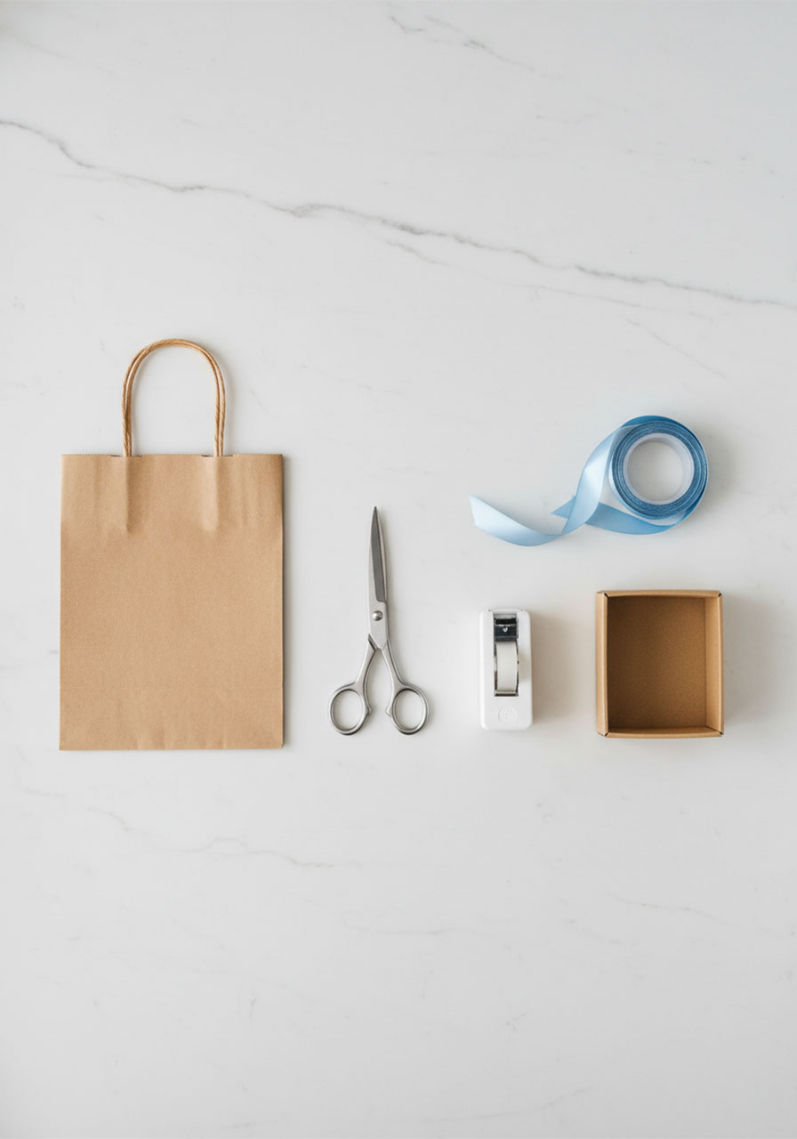 Flat lay of materials needed for DIY Father's Day shirt and tie gift wrap: kraft paper bag, scissors, blue ribbon, and tape