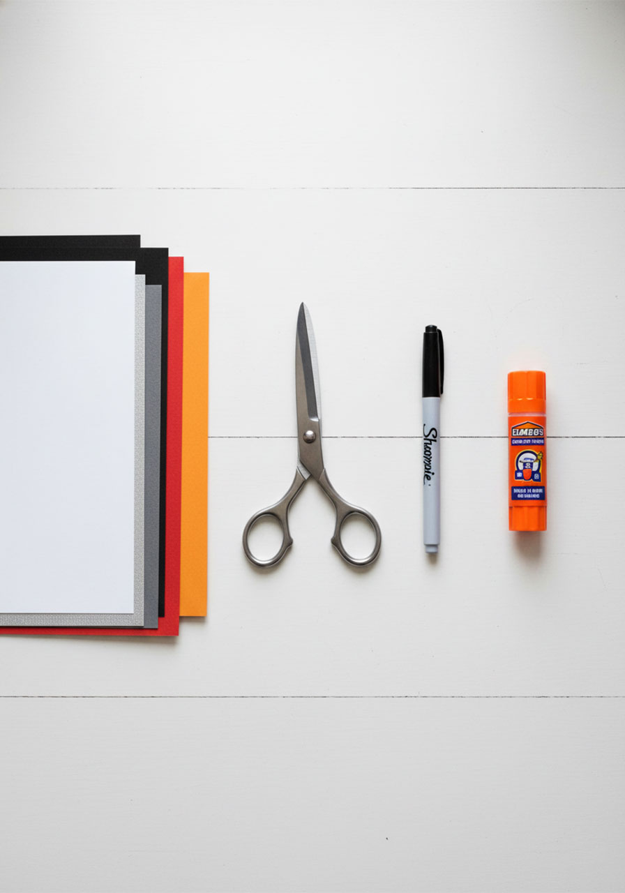 Craft supplies for handprint Father's Day grill card including colored cardstock, scissors, glue stick, and black marker
