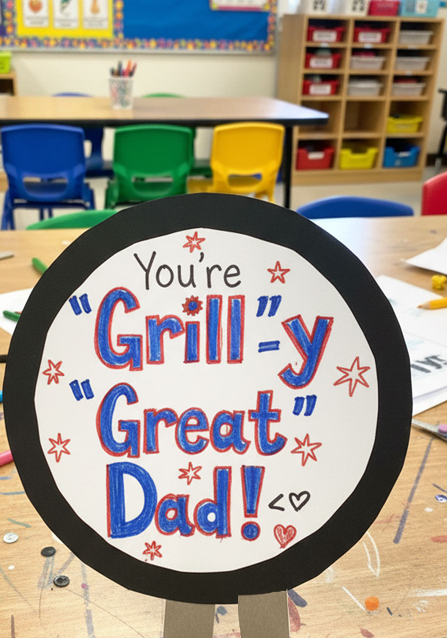 Open Father's Day handprint grill card revealing handwritten message "You're a Grill-y Great Dad" written in black marker on white paper