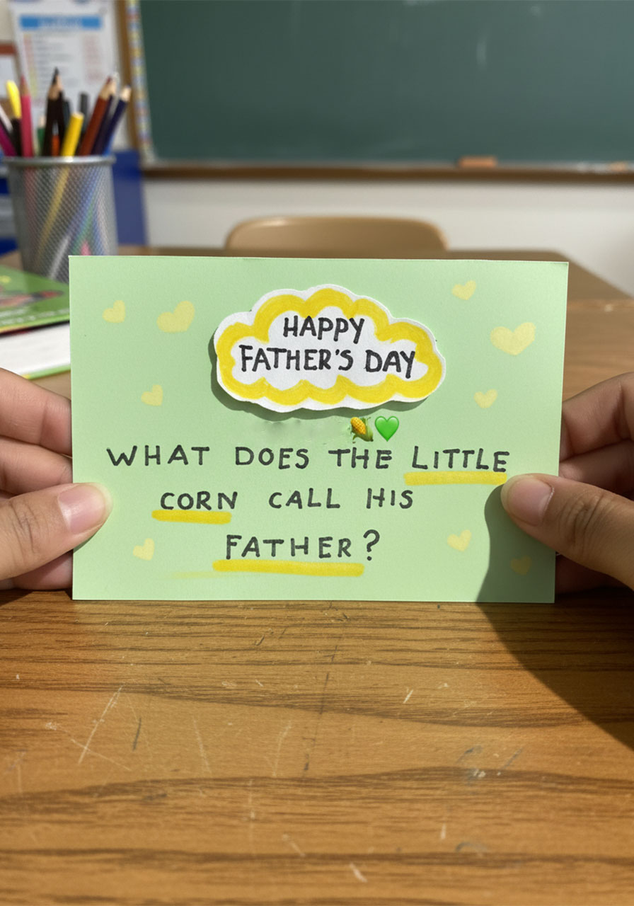 Finished handmade Father's Day pop-up card with cute corn characters and "Pop-Corn" joke inside a