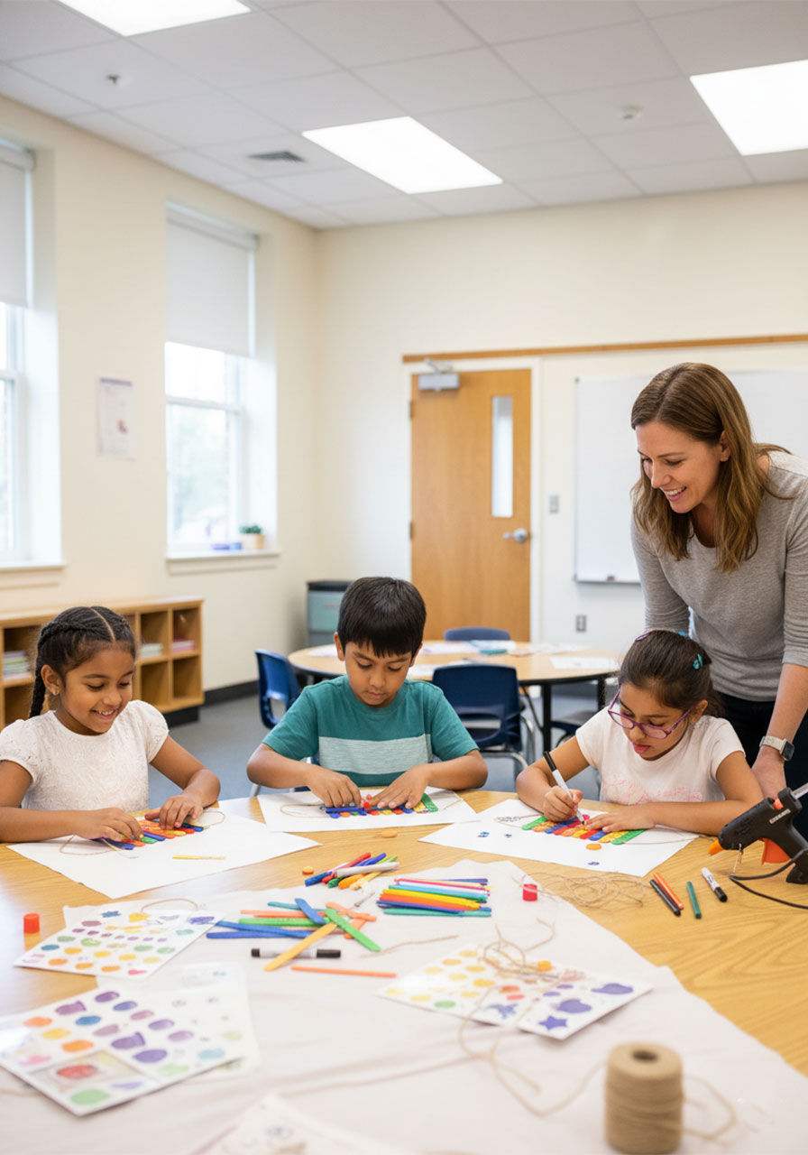 Elementary school children doing a Father's Day popsicle stick wall hanging craft activity in classroom with teacher supervision