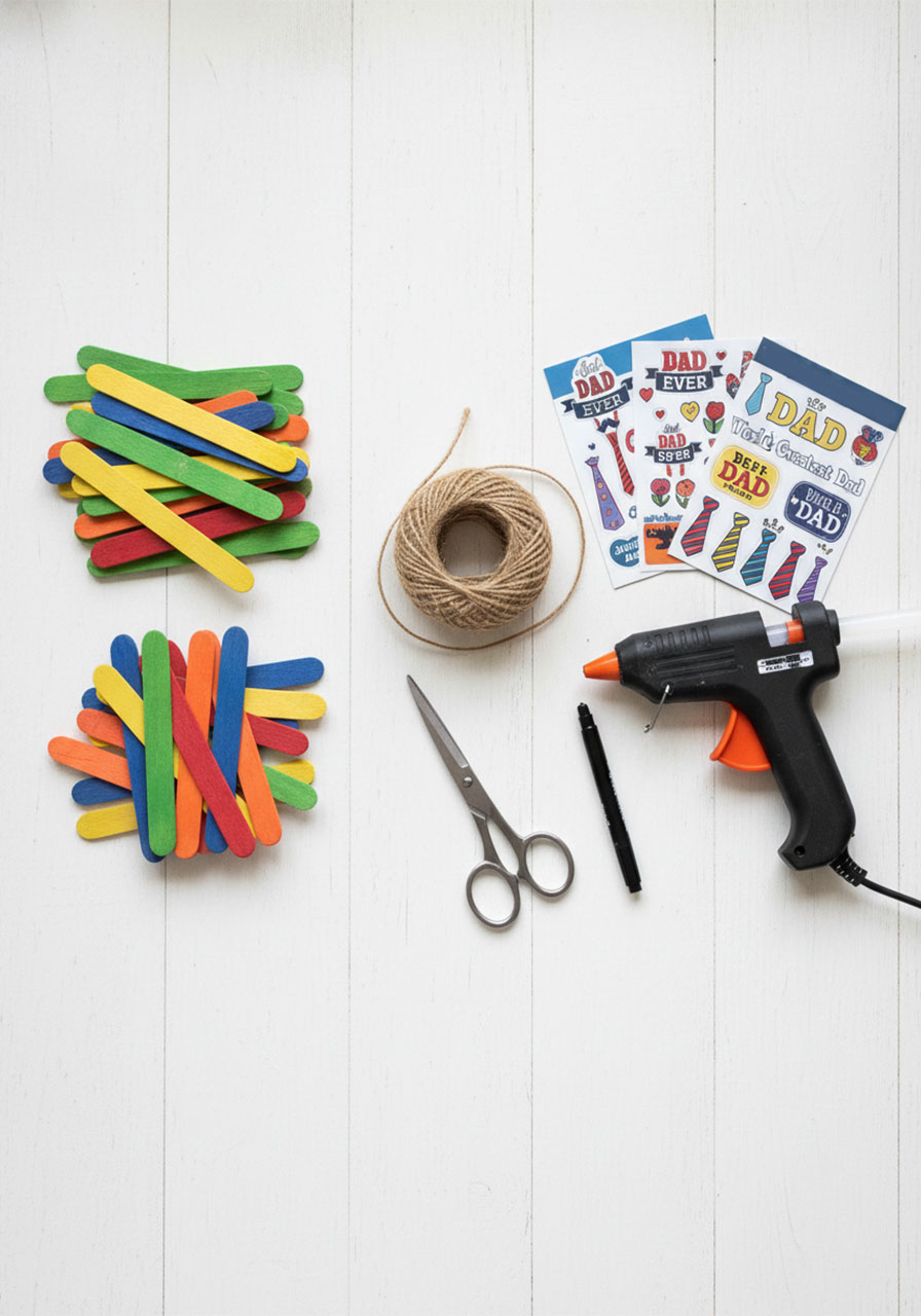 Craft supplies for Father's Day popsicle stick wall hanging including colored craft sticks, jute twine, hot glue gun, markers, and Dad stickers