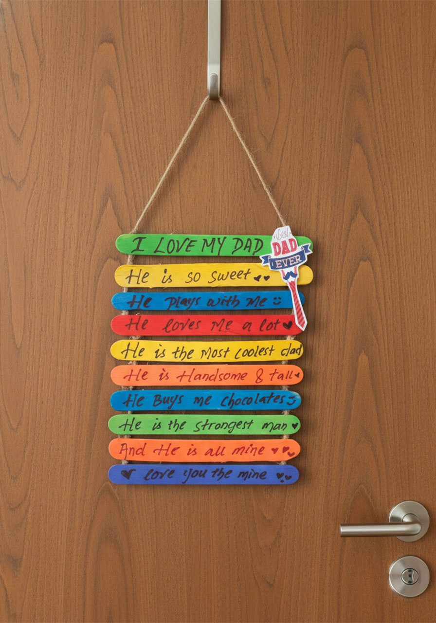 Completed Father's Day popsicle stick wall hanging with rainbow sticks and love messages displayed on a wooden home interior door