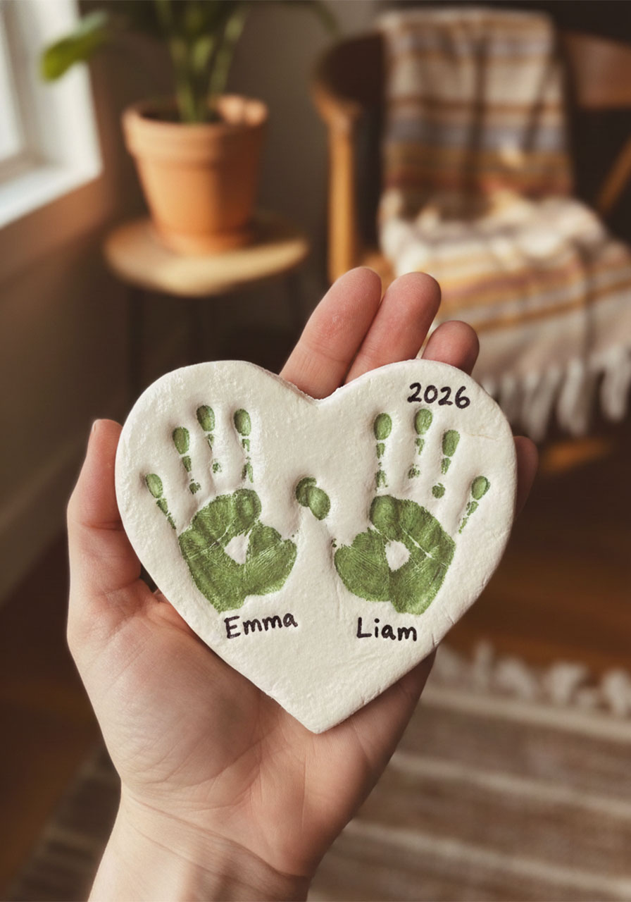Finished Father's Day salt dough keepsake heart with two green children's handprints and names painted on white dough, held in mother's hand