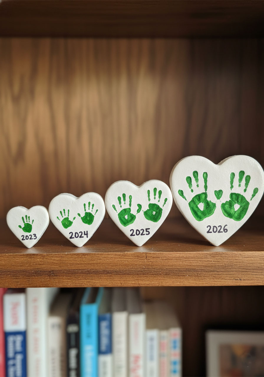 Four Father's Day salt dough handprint keepsake hearts displayed side by side showing children's hand growth from 2021 to 2024 as a yearly tradition