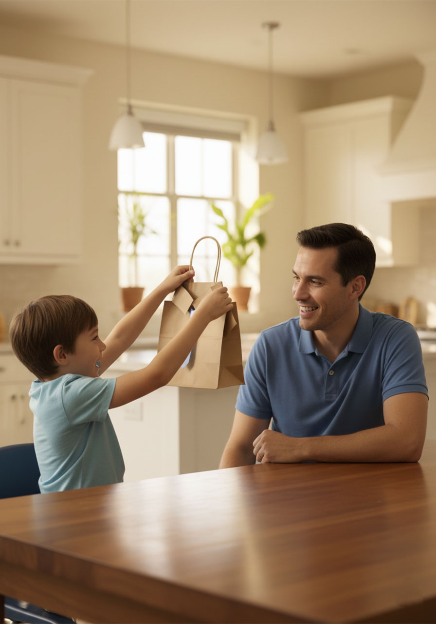 Child presenting a homemade shirt and tie Father's Day gift bag to dad, DIY kraft paper bag with blue ribbon necktie