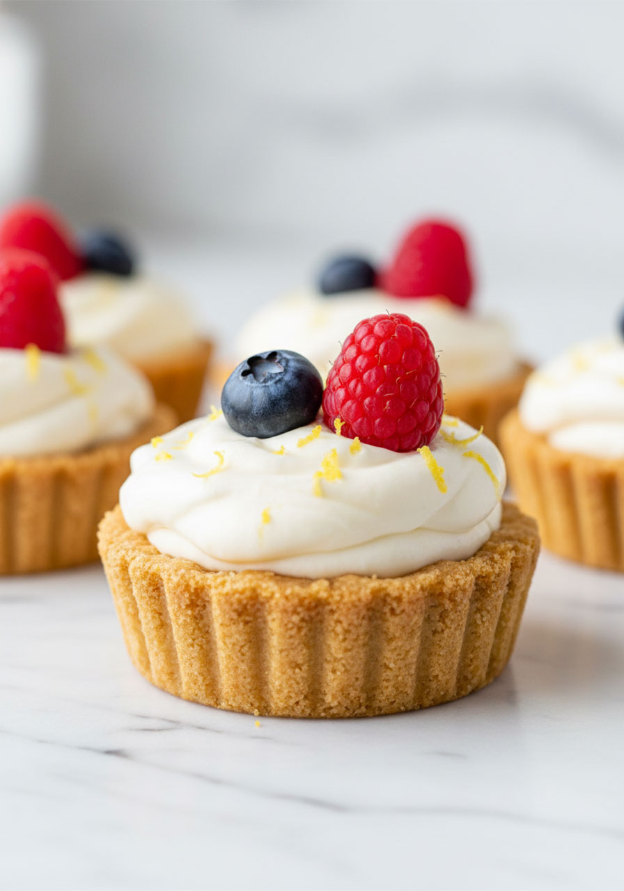 Using a cookie scoop to fill mini graham cracker tart shells with lemon cheesecake filling
