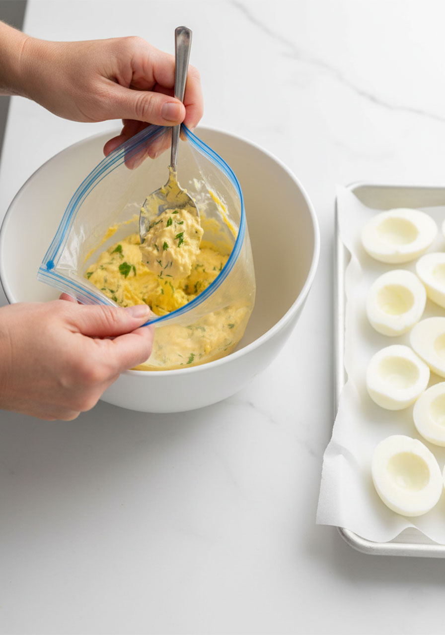 Spooning classic deviled egg filling into a zip-top bag for easy piping into egg whites