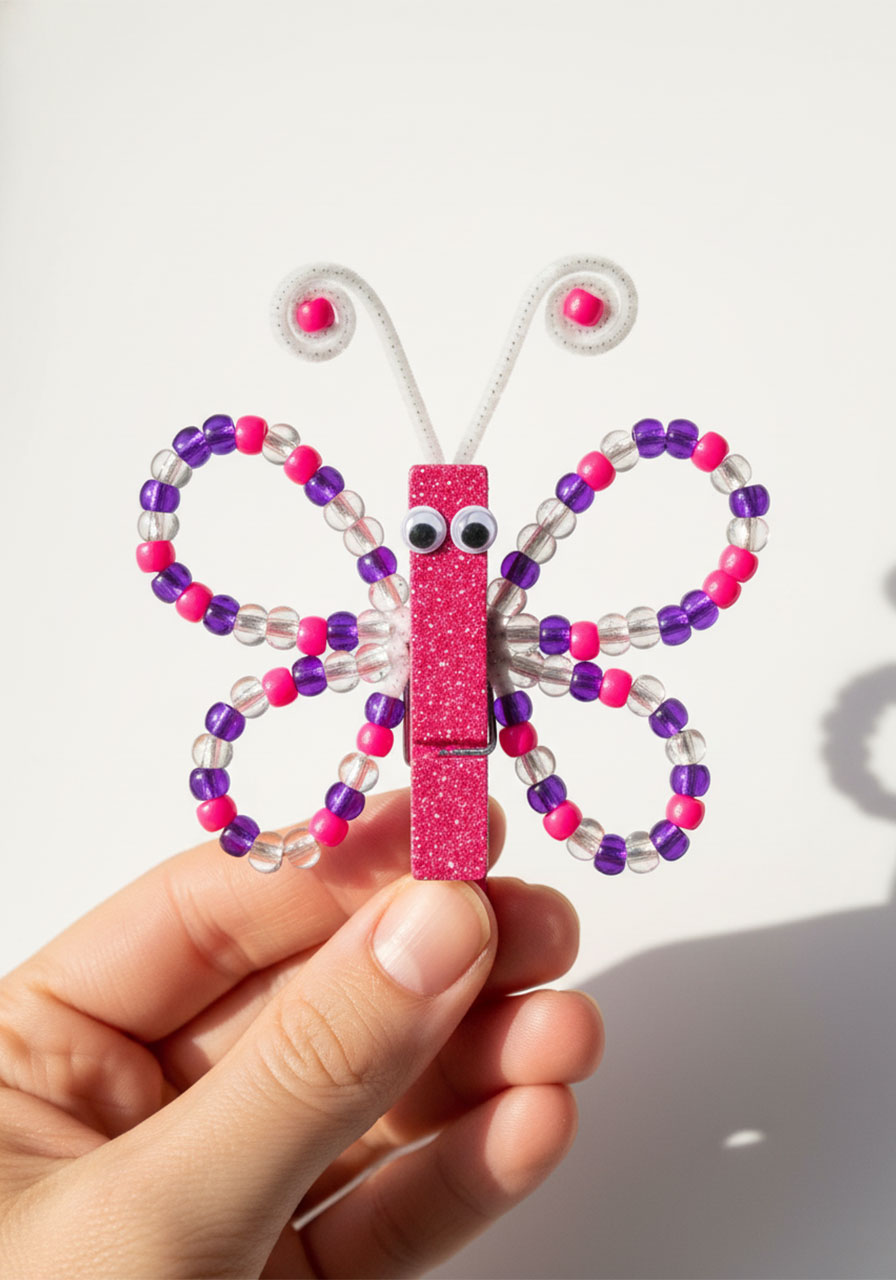 Completed beaded pipe cleaner butterfly with pink glitter clothespin body, colorful pony bead wings, and spiral wire antennae held up against white background