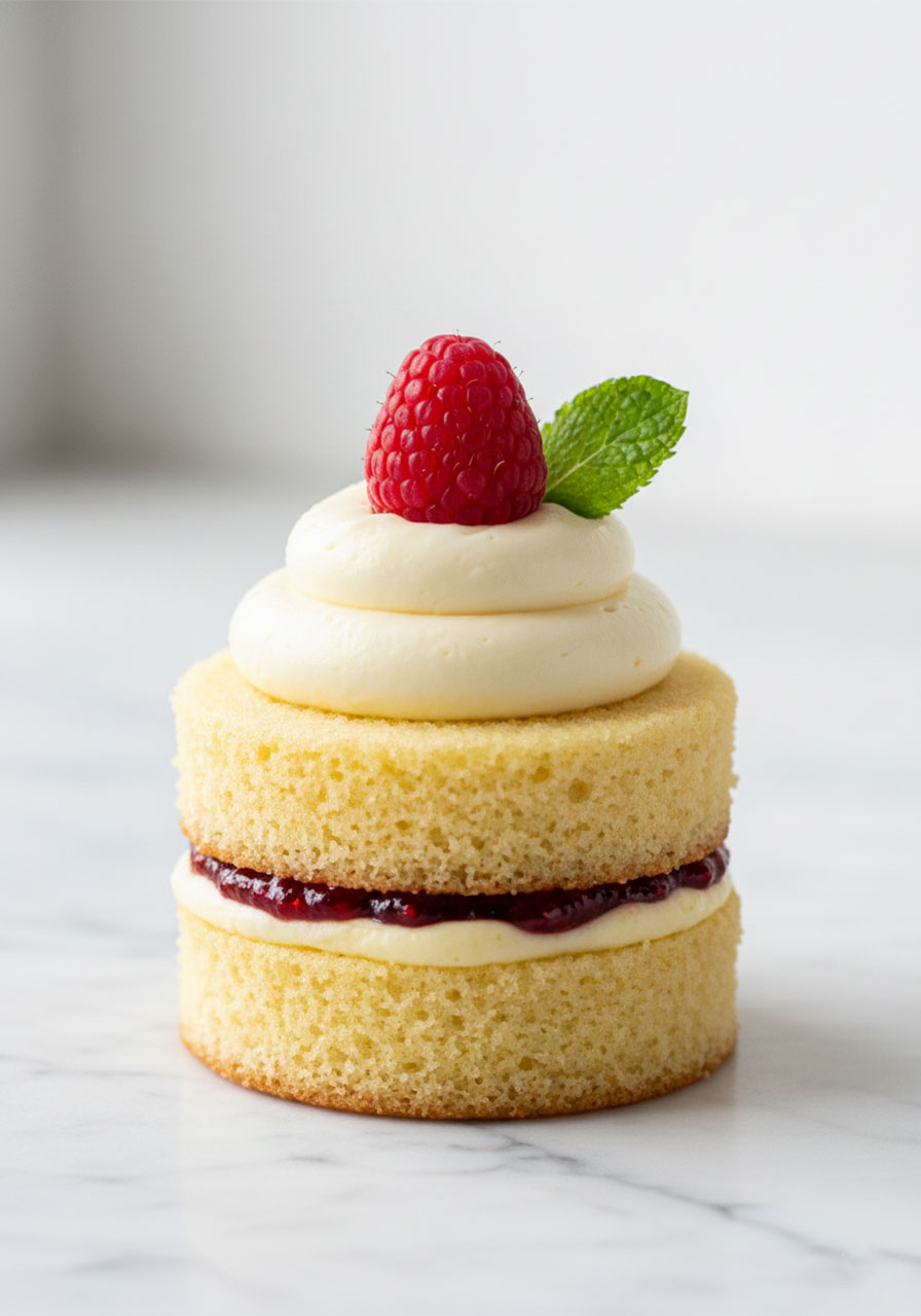One finished mini Victoria cake with vanilla buttercream, raspberry jam filling, fresh raspberry and mint garnish