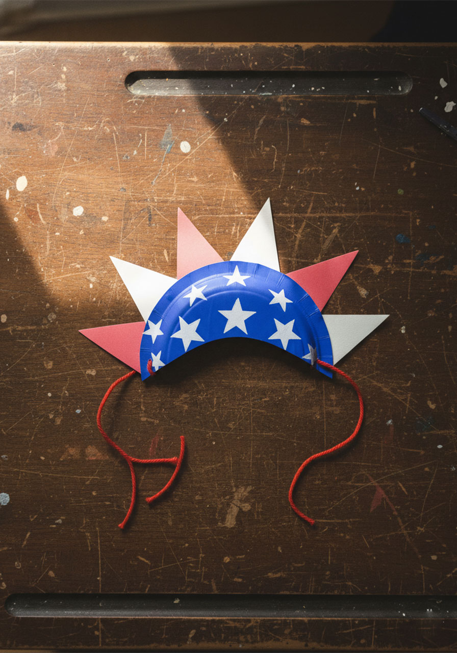 Completed patriotic paper plate hat with blue base, white stars, red and white spike crown, and red yarn ties ready to wear for Fourth of July