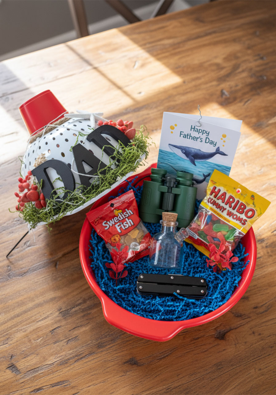 Inside view of a DIY fishing bobber gift basket filled with snacks, a canteen, multi-tool, and Father's Day card