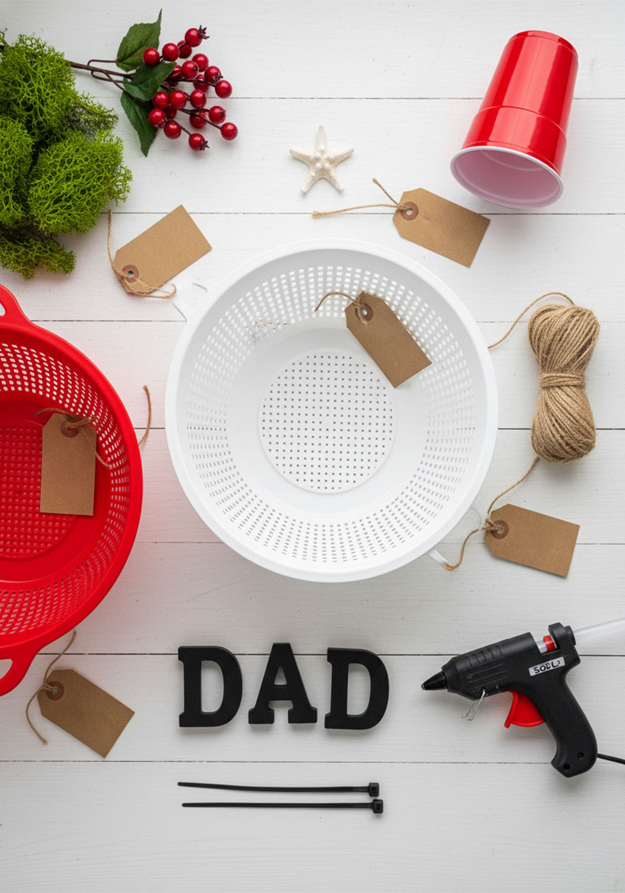 All supplies needed to make a DIY fishing bobber Father's Day gift basket laid flat on white table