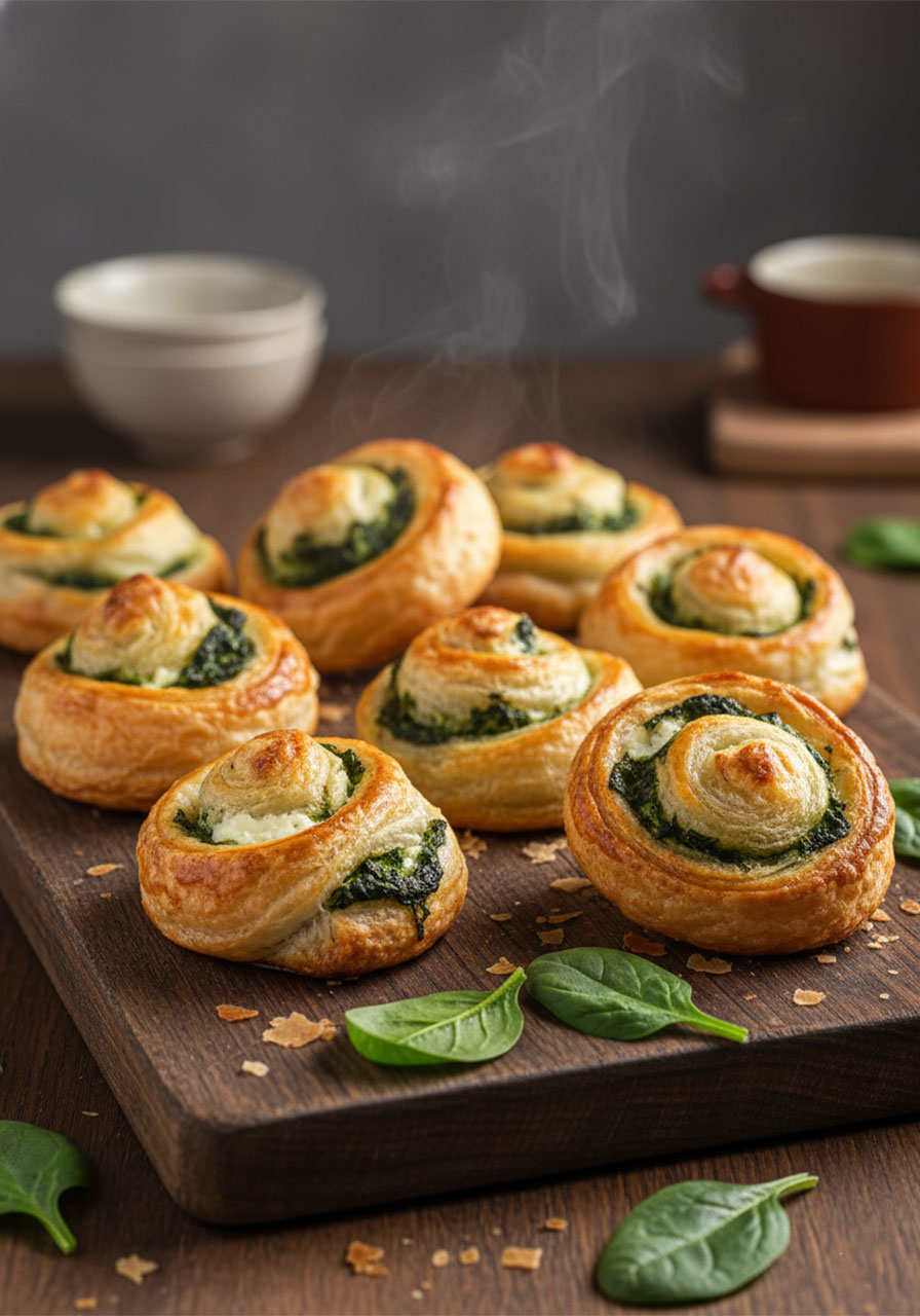 Golden-brown flaky spinach puff pastry bites fresh from the oven on wooden board, with cream cheese and spinach filling visible, perfect tea party savory snack