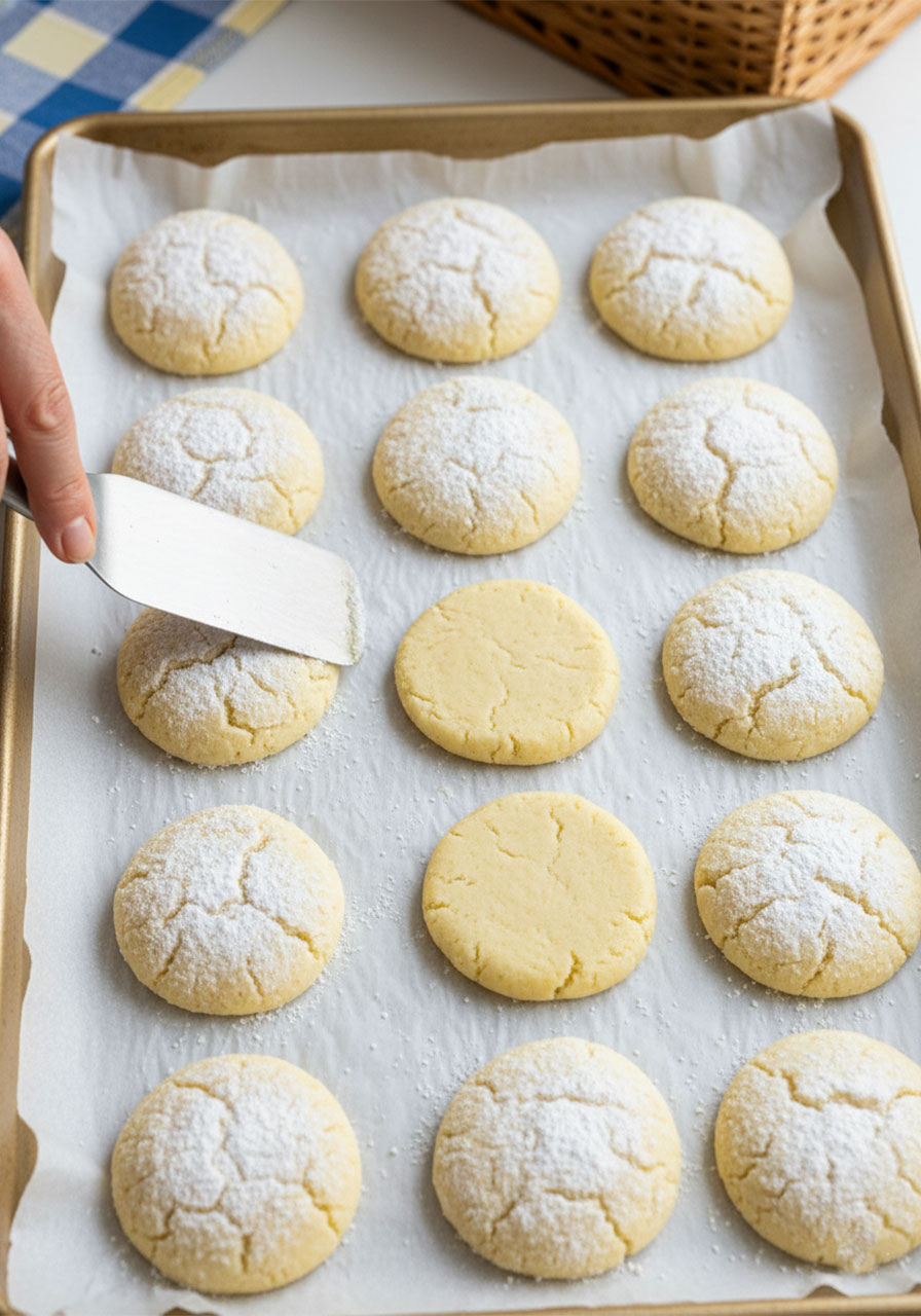 Flattening sugar free lemon cookie dough balls on a parchment lined baking sheet with a silver spatula before baking