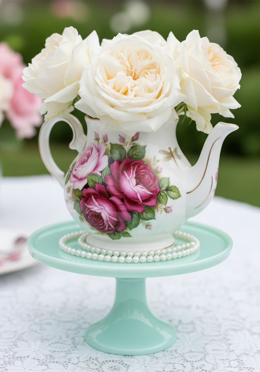 Vintage floral china teapot filled with cream garden roses on a mint green pedestal cake stand with pearl bead garland for a tea party