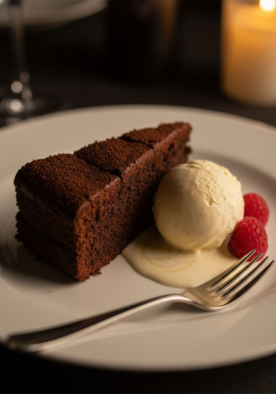 Slice of gluten free flourless chocolate cake served with a scoop of vanilla ice cream and fresh raspberries on a white plate