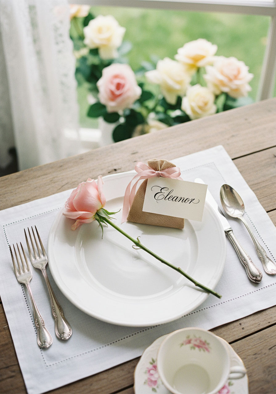 Single pink rose and small favor bag as a thoughtful garden tea party place setting