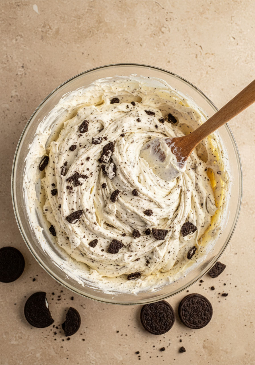 Folding crushed Oreo cookie pieces into no-bake cheesecake filling with a wooden spatula