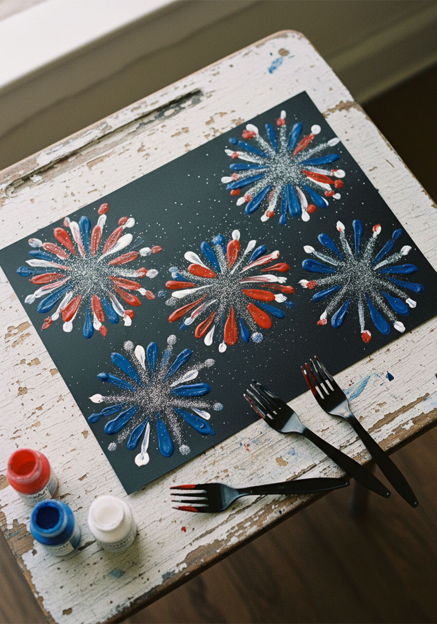 Completed fork painted fireworks craft for kids showing red white and blue fireworks on black cardstock with silver glitter