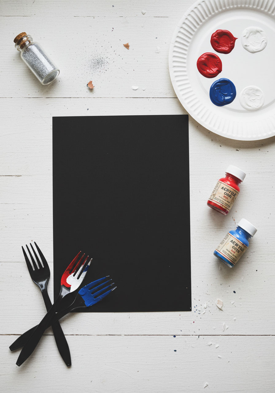 All supplies needed for fork painted fireworks craft including black cardstock forks red white and blue paint and silver glitter