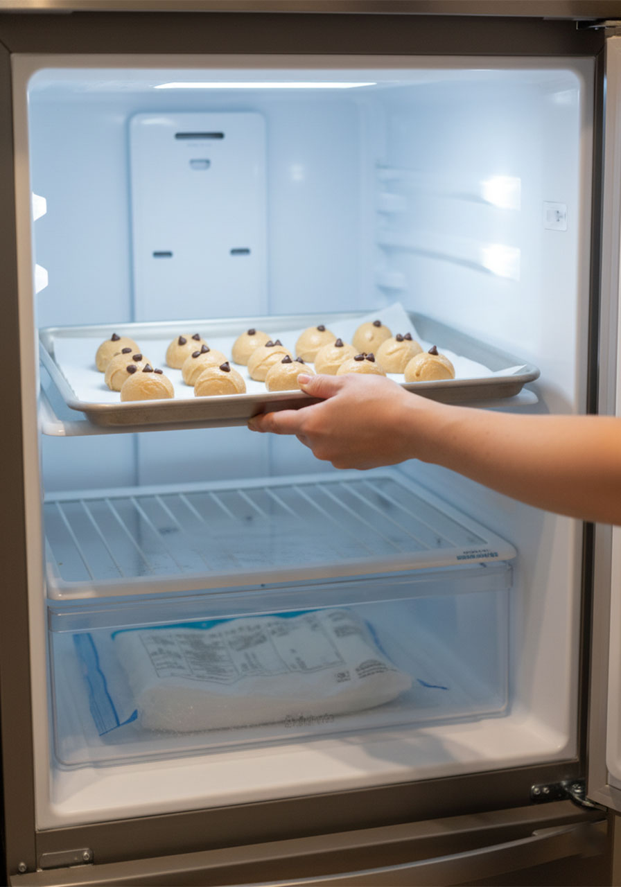 Baking sheet of Greek yogurt peanut butter bites being placed into freezer to freeze solid