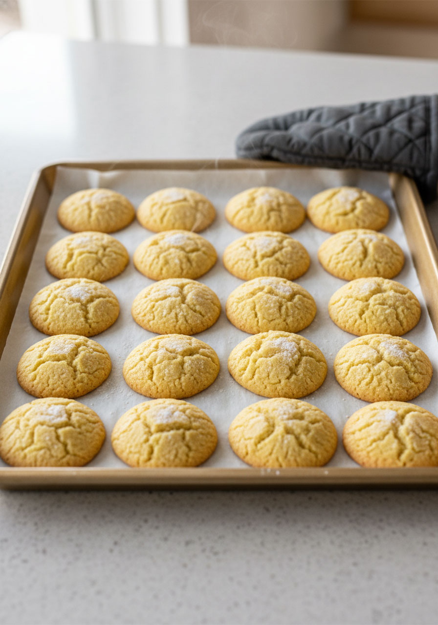 Freshly baked sugar free lemon cookies with golden brown edges cooling on a parchment lined baking sheet
