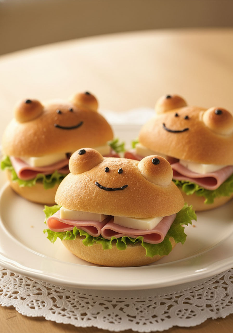 Frog shaped bread roll sandwiches filled with ham lettuce and cheese, adorable animal themed party food for kids zoo birthday	