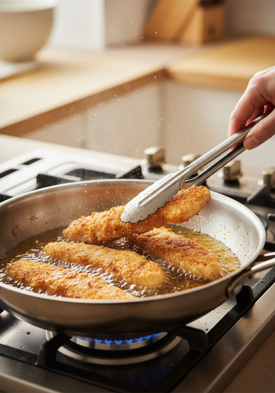Golden crispy panko-breaded chicken strips frying in a skillet with bubbling oil, being flipped with tongs